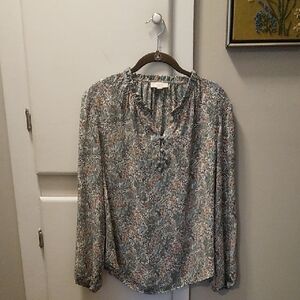 LOFT Floral Long-Sleeve Blouse in Blue, Peach,Rust